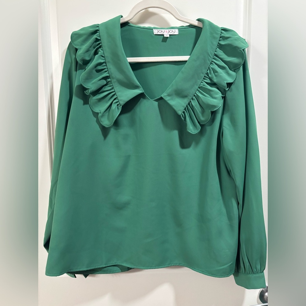 Joy Joy Green Ruffled Bishop Sleeve Blouse